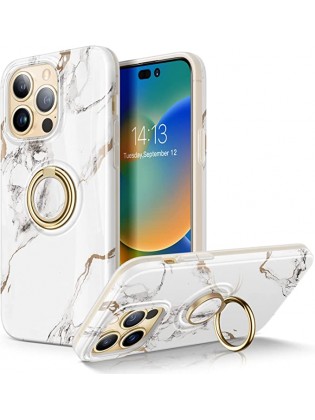 507  [Built-in 360° Rotatable Ring Stand] Marble Slim Stylish Durable Hard Shockproof Phone Holder Kickstand Cover(White/Gold)