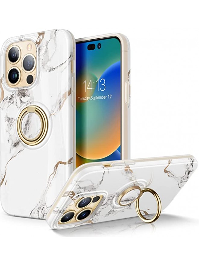 507  [Built-in 360° Rotatable Ring Stand] Marble Slim Stylish Durable Hard Shockproof Phone Holder Kickstand Cover(White/Gold)